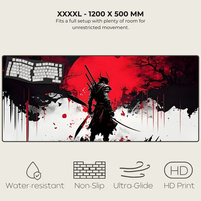 XXXXL mouse pad with a samurai design, featuring text about size and features.