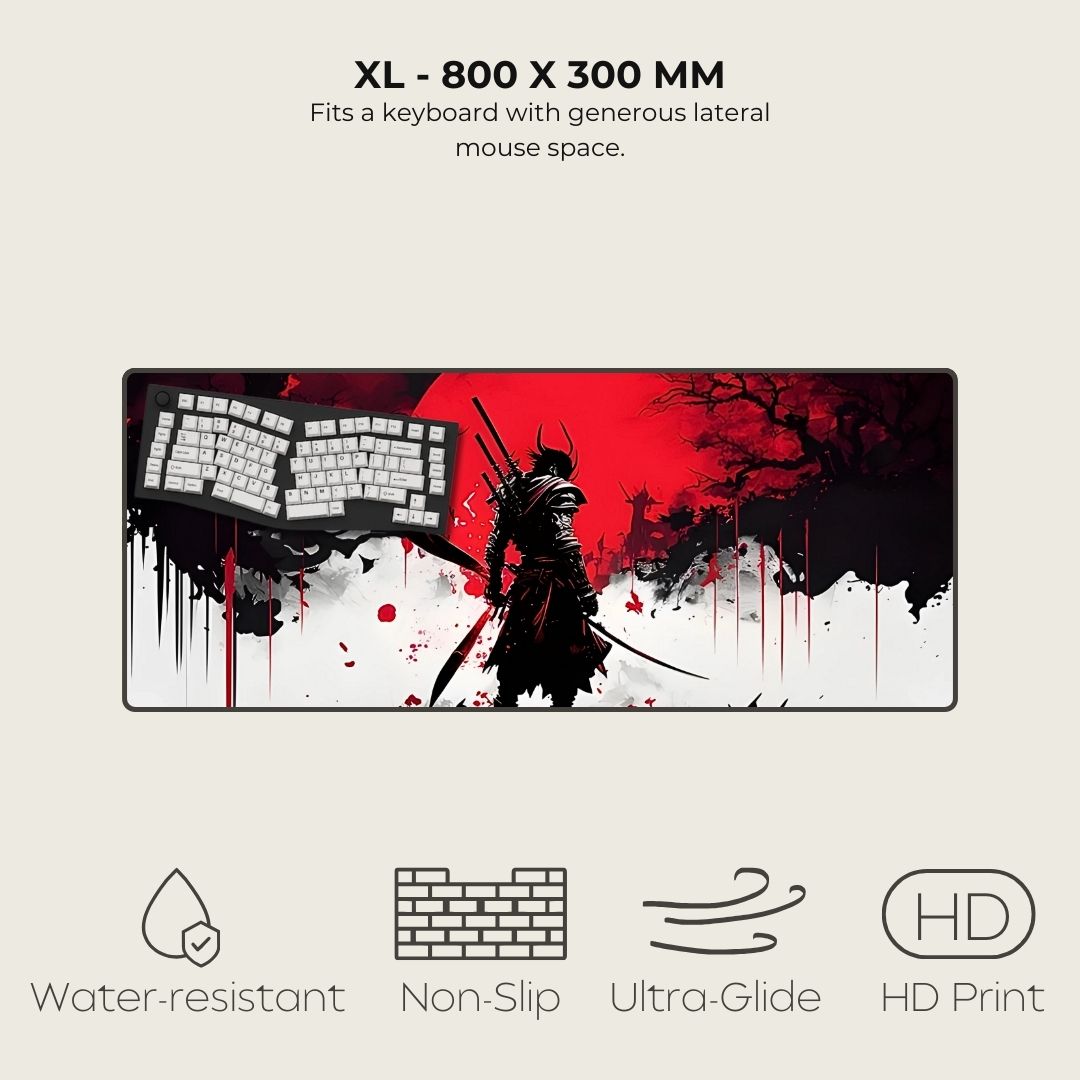 XL gaming mouse pad with a samurai design, featuring text about size and features.