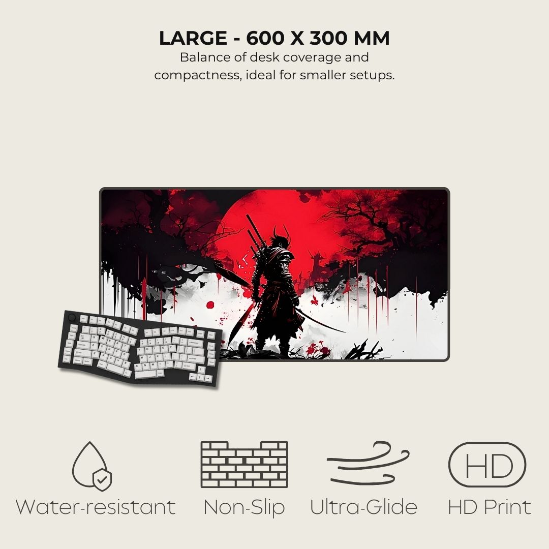 Large gaming mouse pad with a samurai design, featuring text about size and features.