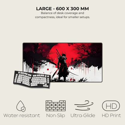 Large gaming mouse pad with a samurai design, featuring text about size and features.