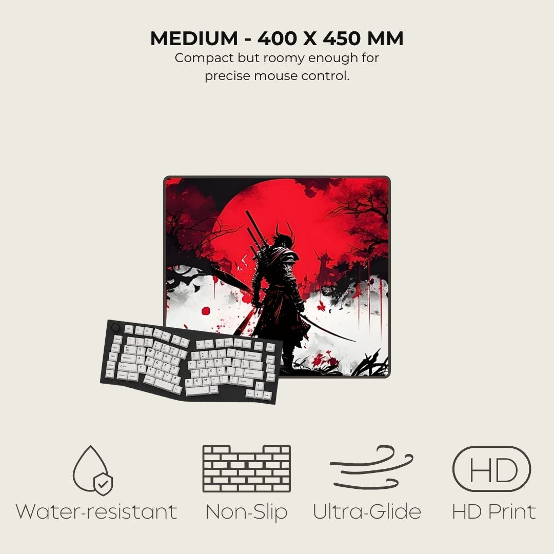 Medium gaming mouse pad with a samurai design, featuring text about size and features.