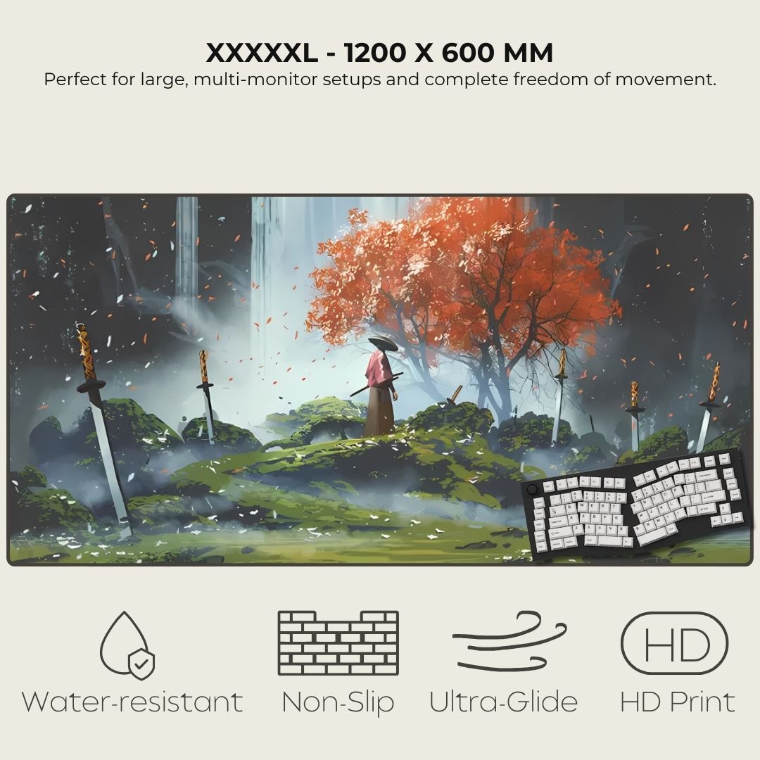XXXXXL mousepad with a fantasy scene of a character under a cherry tree with fallen swords.