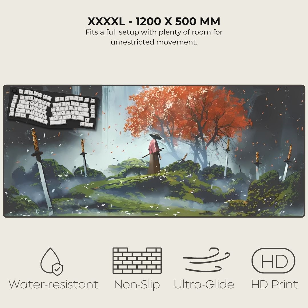 XXXXL mousepad with a fantasy scene of a character under a cherry tree with fallen swords.