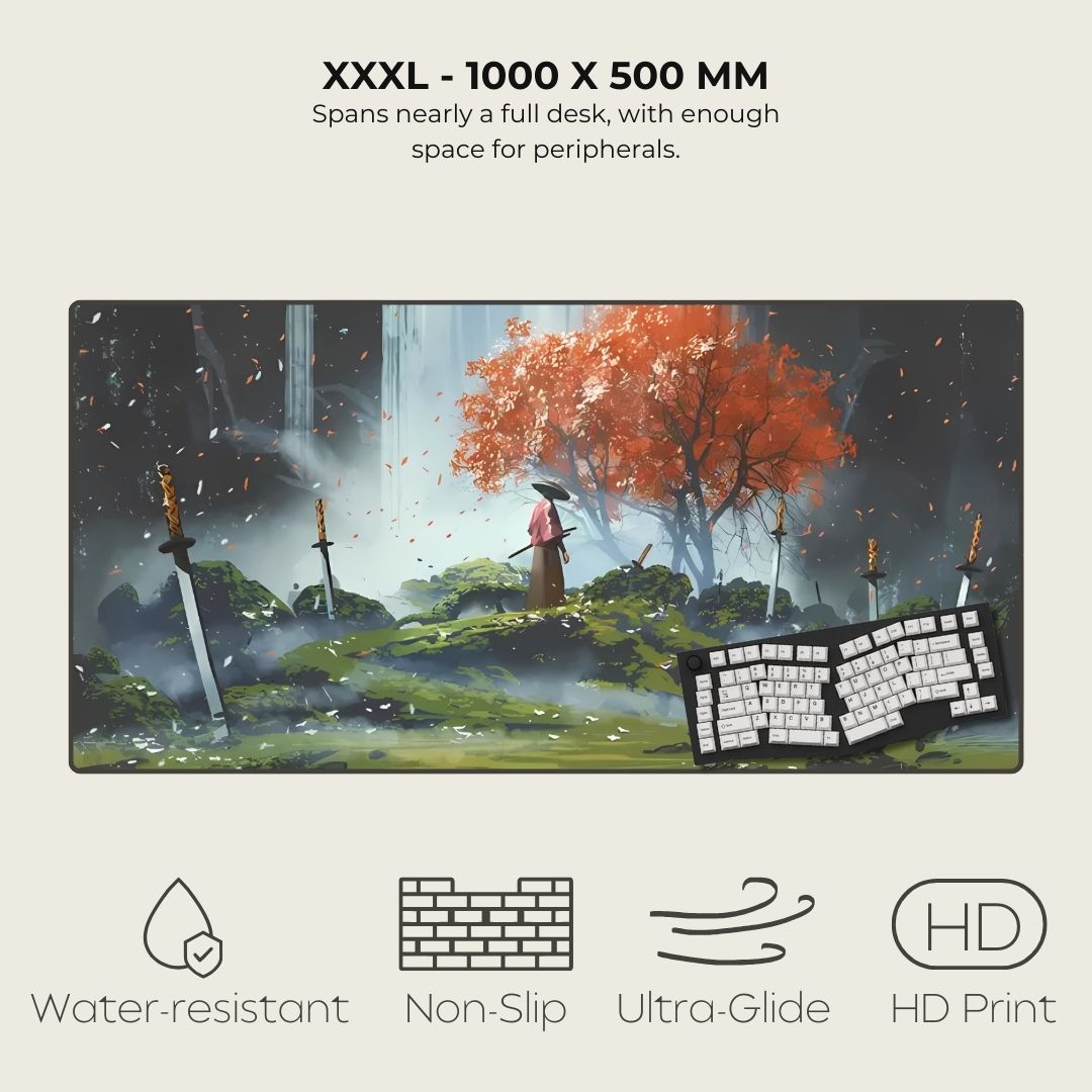 XXXL mousepad with a fantasy scene of a character under a cherry tree with fallen swords.