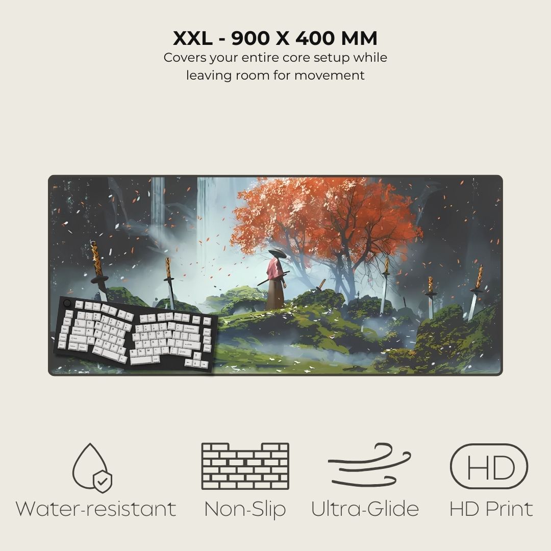 XXL desk mat with a fantasy scene of a character under a cherry tree with fallen swords.