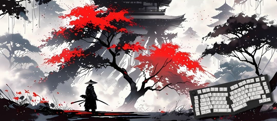 Artistic depiction of a warrior silhouette with red leaves and a traditional building in the background.