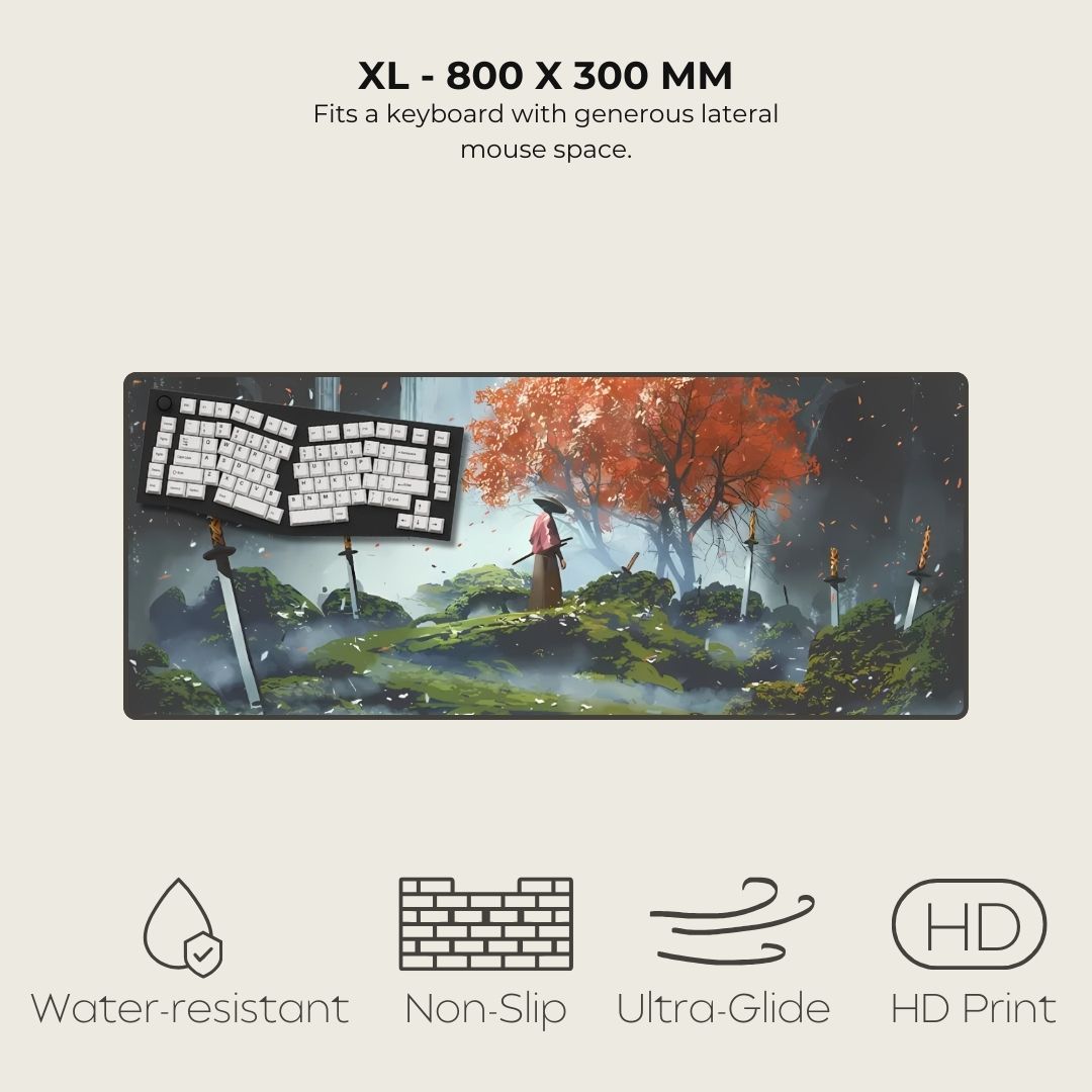 XL desk mat with a fantasy scene of a character under a cherry tree with fallen swords.