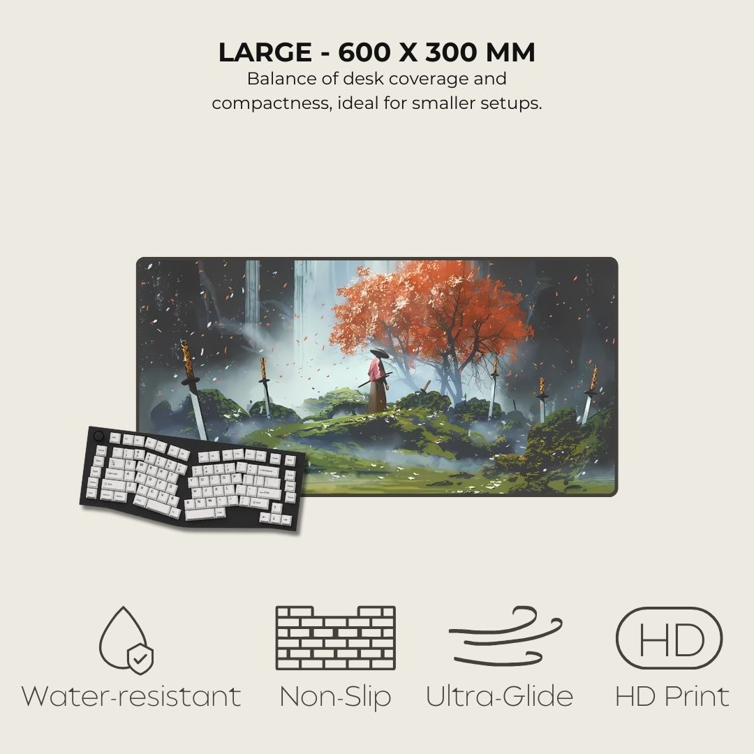 Large desk mat with a fantasy scene of a character under a cherry tree with fallen swords.