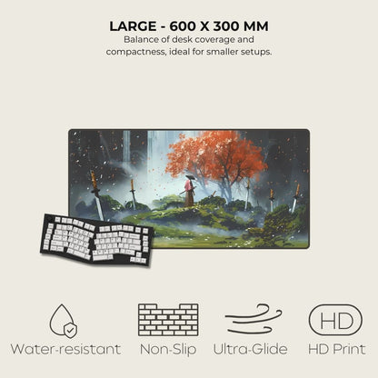 Large desk mat with a fantasy scene of a character under a cherry tree with fallen swords.