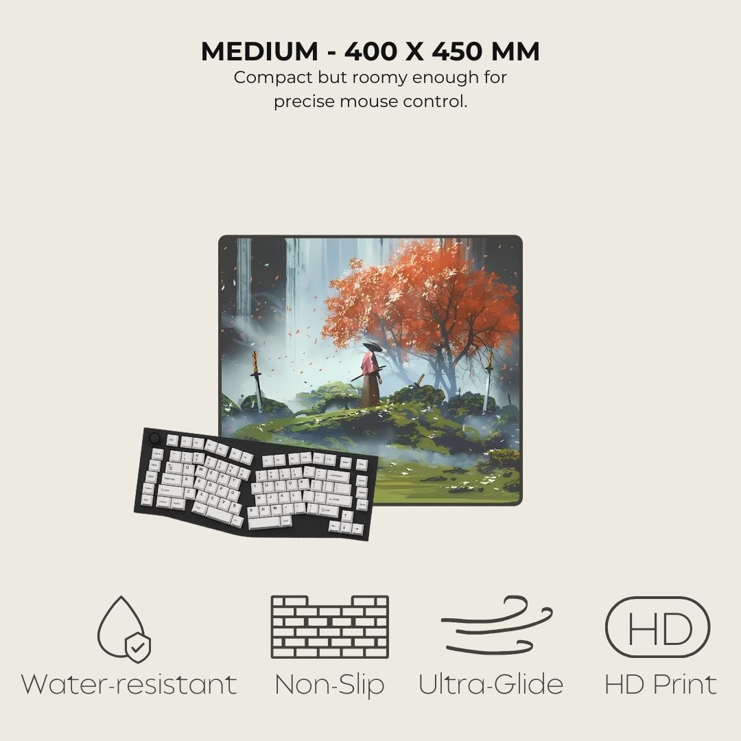 Gaming mat with a fantasy scene of a character under a cherry tree with fallen swords.