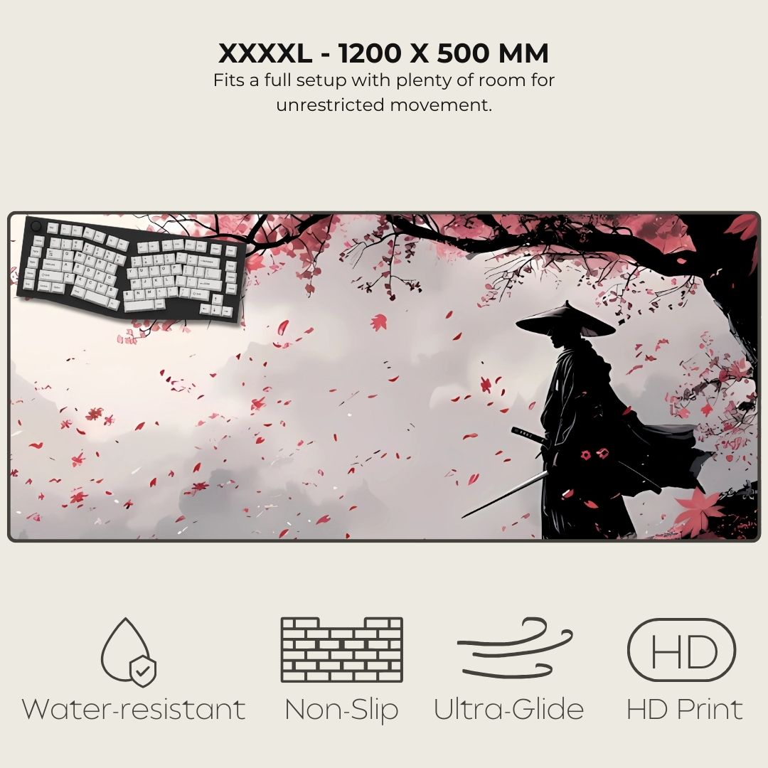 XXXXL mouse pad with cherry blossom design and a samurai silhouette.