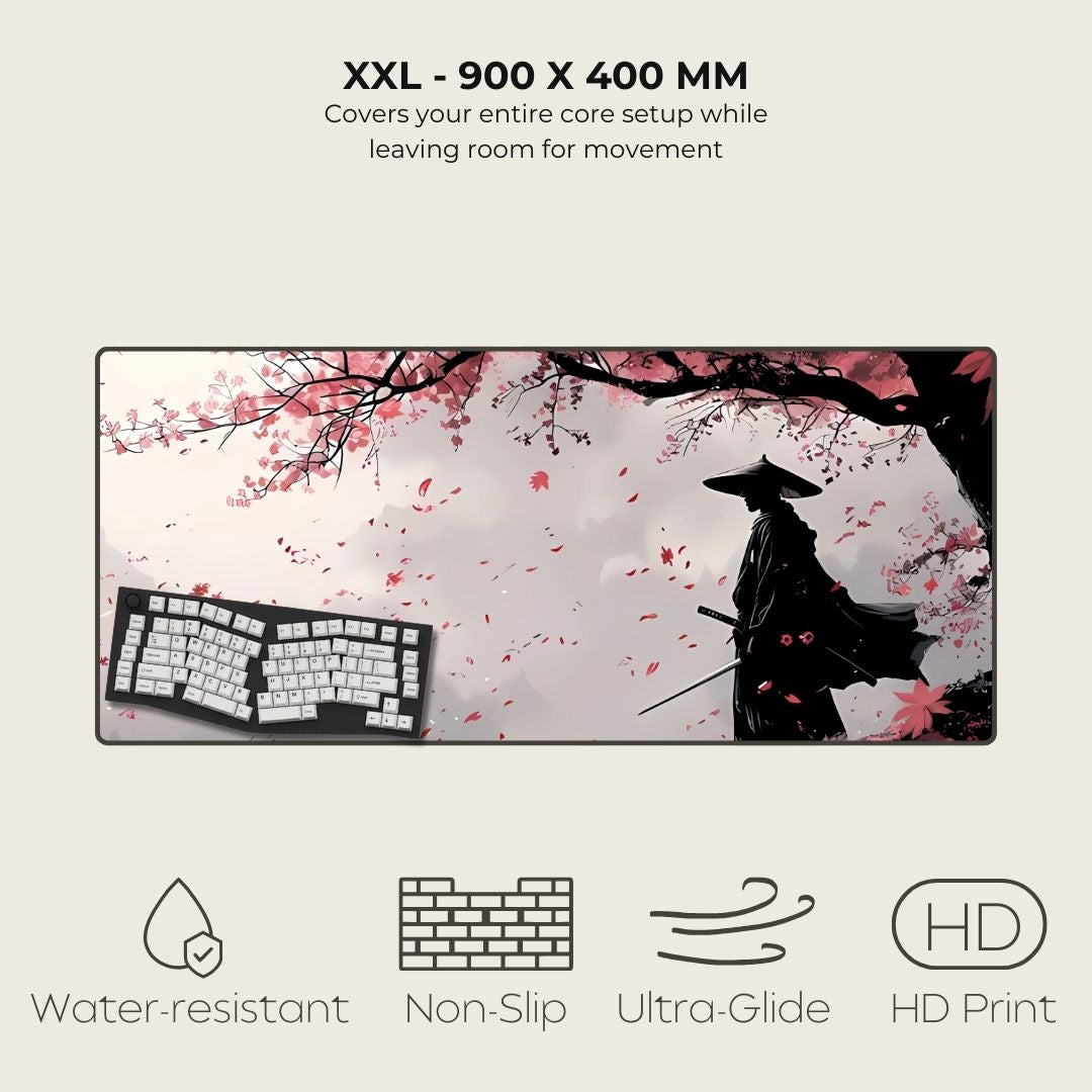 XXL Japanese mouse pad with cherry blossom design and a samurai silhouette.