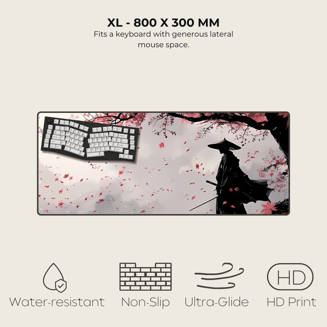 XL Japanese mouse mat with cherry blossom design and a samurai silhouette.