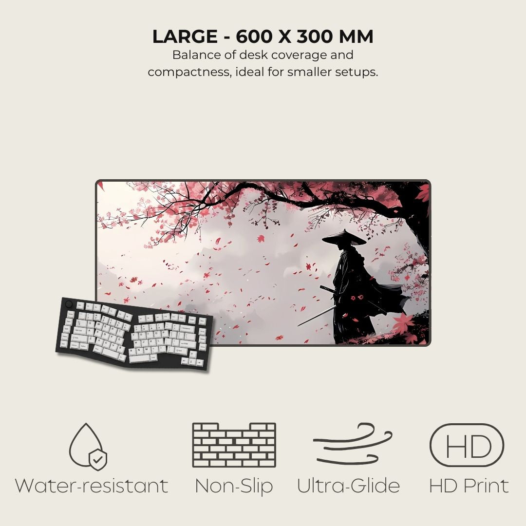 Large Japanese mouse mat with cherry blossom design and a samurai silhouette.