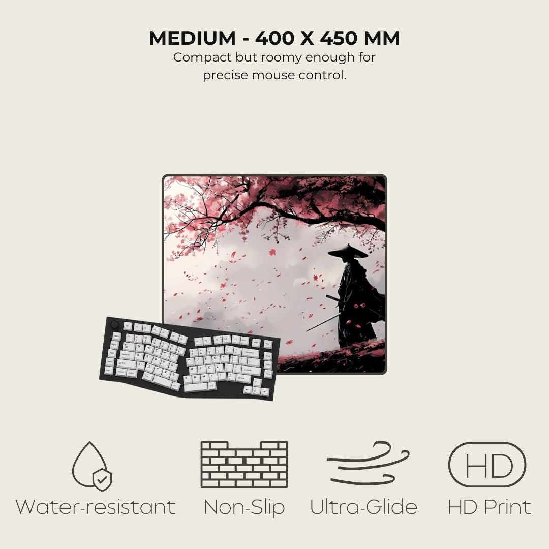 Small Japanese mouse mat with cherry blossom design and a samurai silhouette.