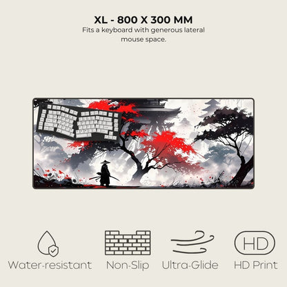 XL gaming mousepad with Japanese-themed design featuring a pagoda and a red tree.