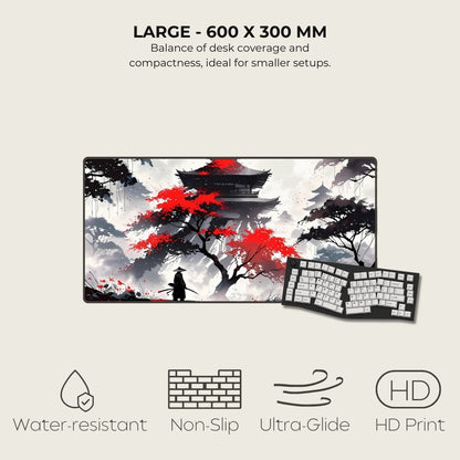 Large desk mat with Japanese-themed design featuring a pagoda and a red tree.