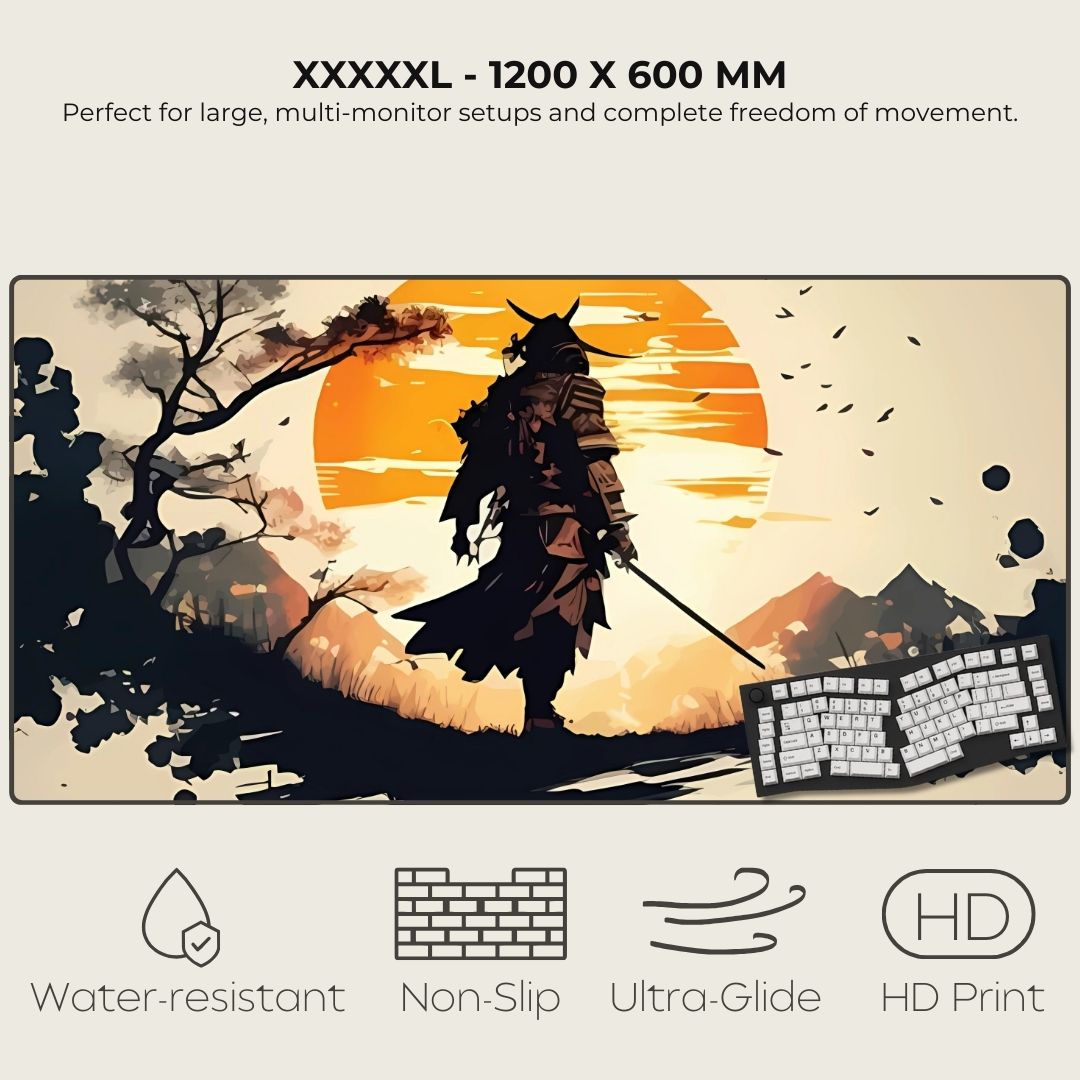 Samurai warrior silhouette on a 5XL mousepad with a sunset in the background.