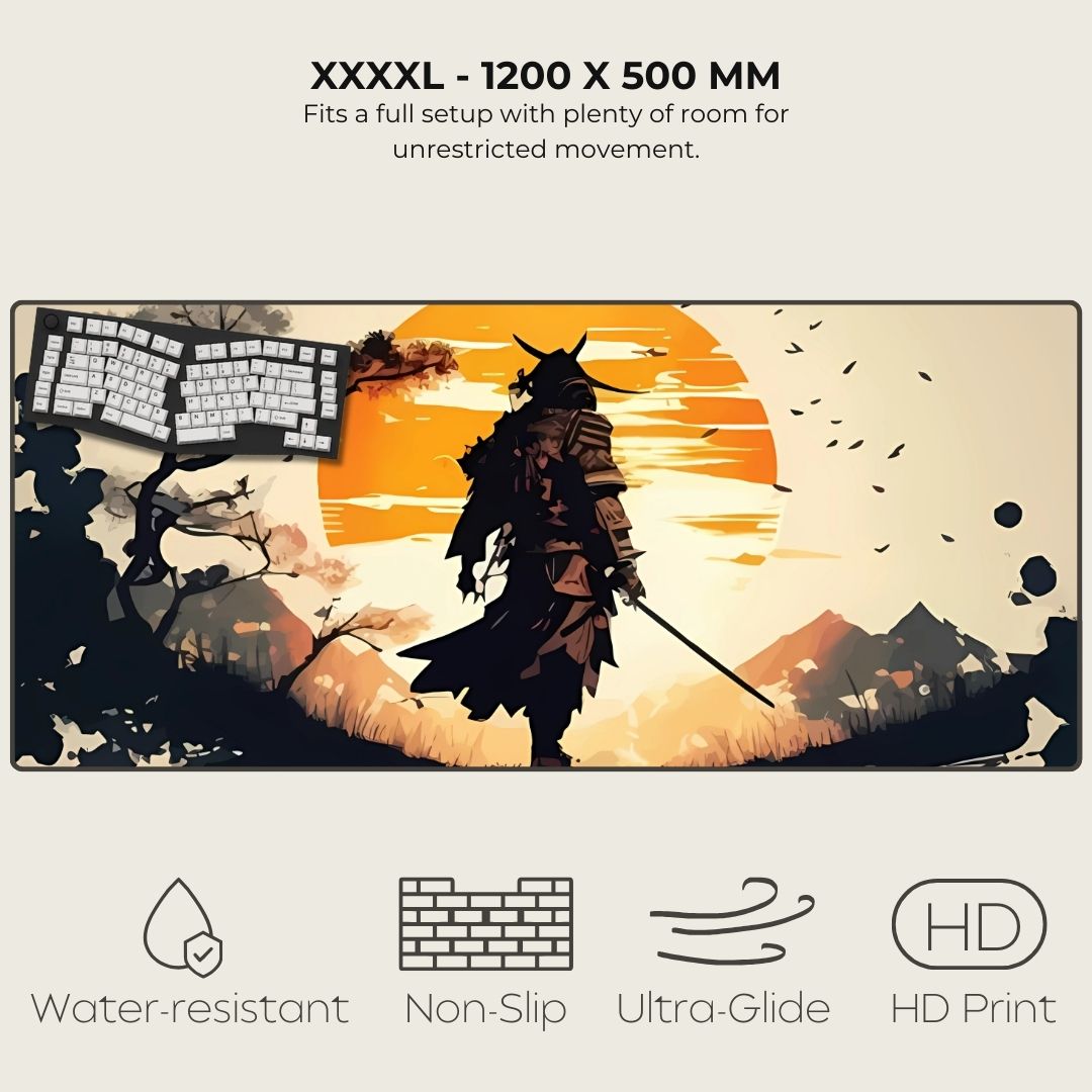 Samurai warrior silhouette on a 4XL mousepad with a sunset in the background.