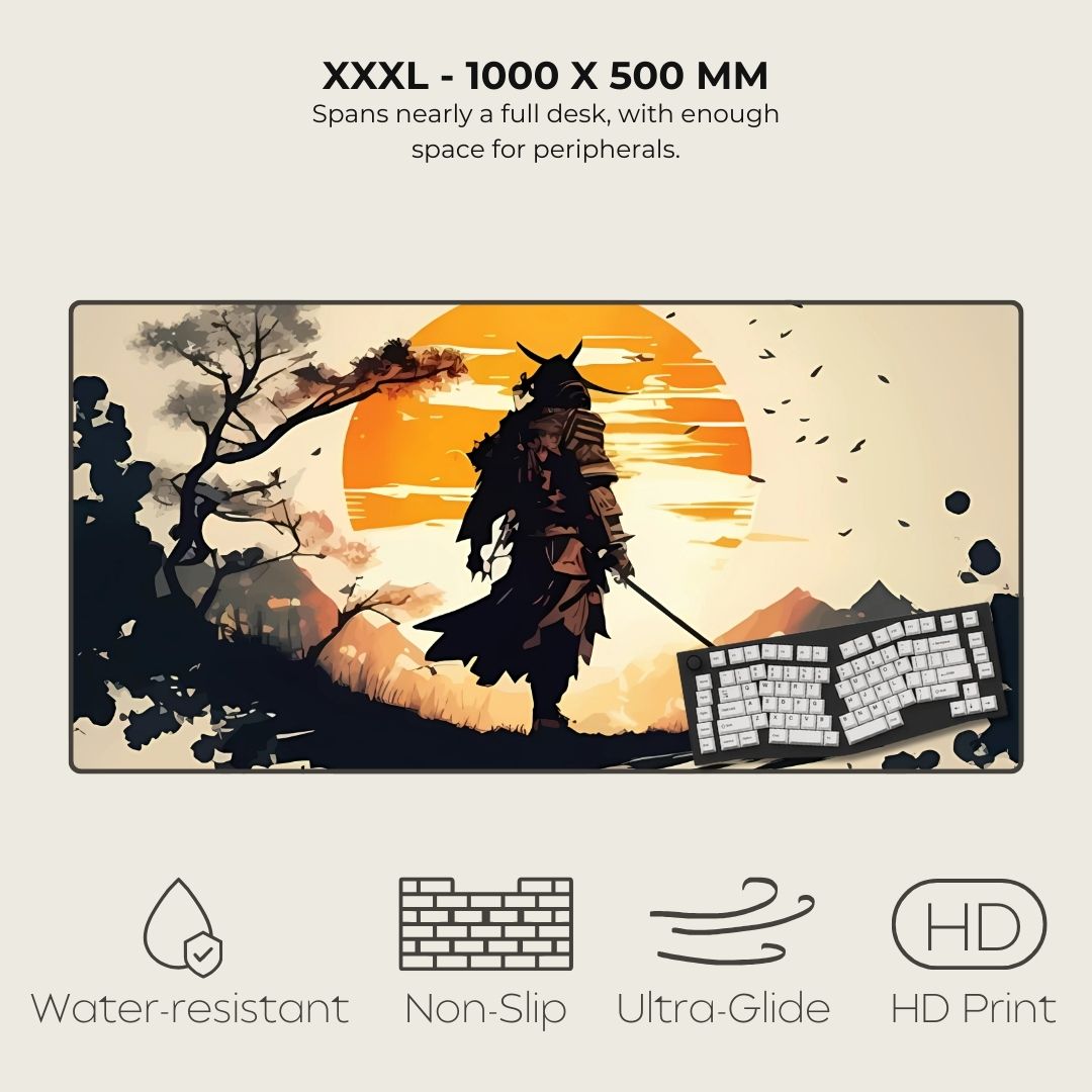 Samurai warrior silhouette on a 3XL mousepad with a sunset in the background.