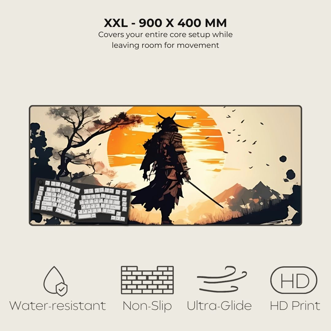 Samurai warrior silhouette on a XXL gaming mouse pad with a sunset in the background.