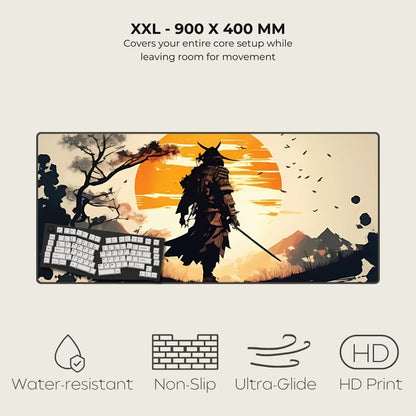 Samurai warrior silhouette on a XXL gaming mouse pad with a sunset in the background.