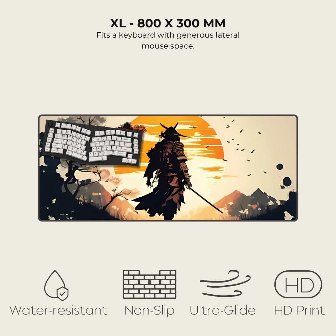 Samurai warrior silhouette on a XL gaming mouse pad with a sunset in the background.