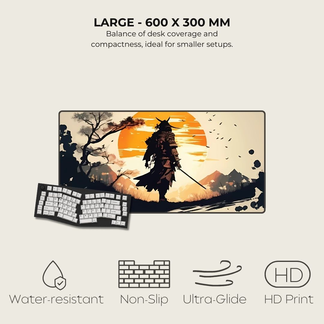 Samurai warrior silhouette on a Large gaming mouse pad with a sunset in the background.