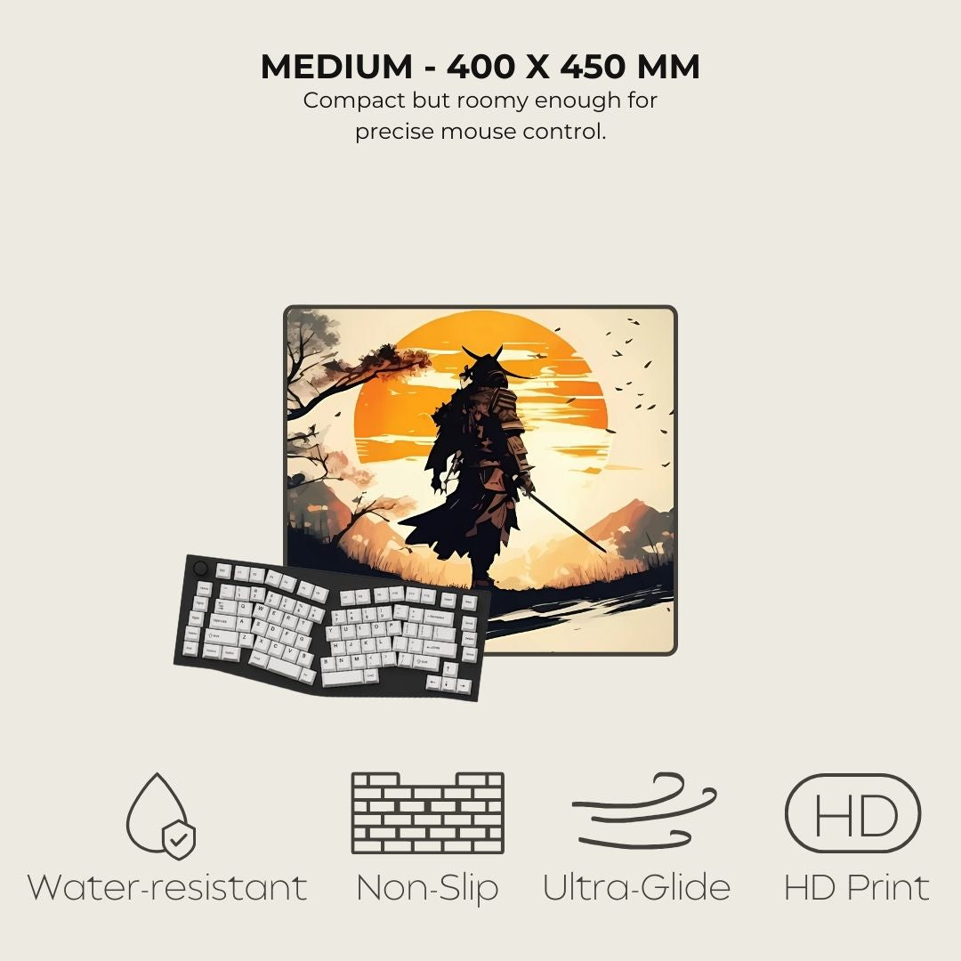 Samurai warrior silhouette on a gaming mouse pad with a sunset in the background.