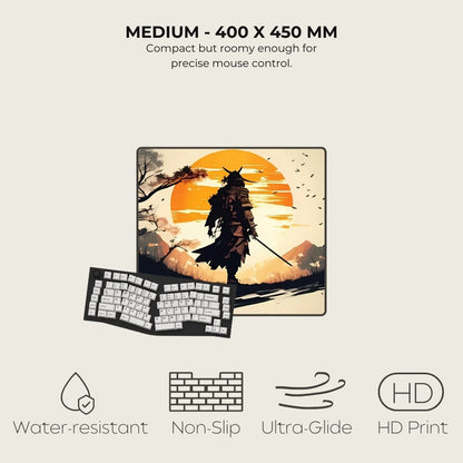 Samurai warrior silhouette on a gaming mouse pad with a sunset in the background.