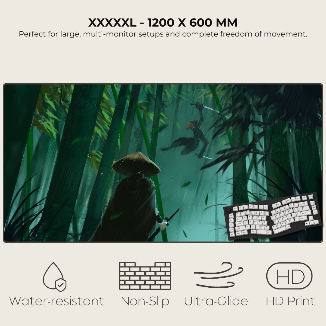 5XL mouse pad with digital art of a samurai duel in a green, bamboo forest.