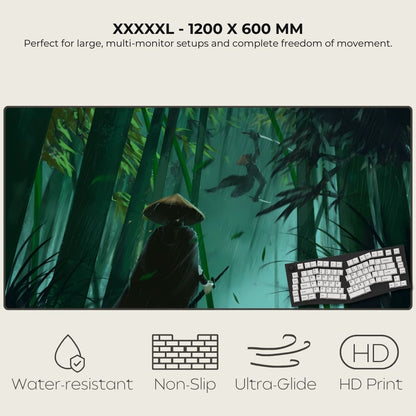 5XL mouse pad with digital art of a samurai duel in a green, bamboo forest.