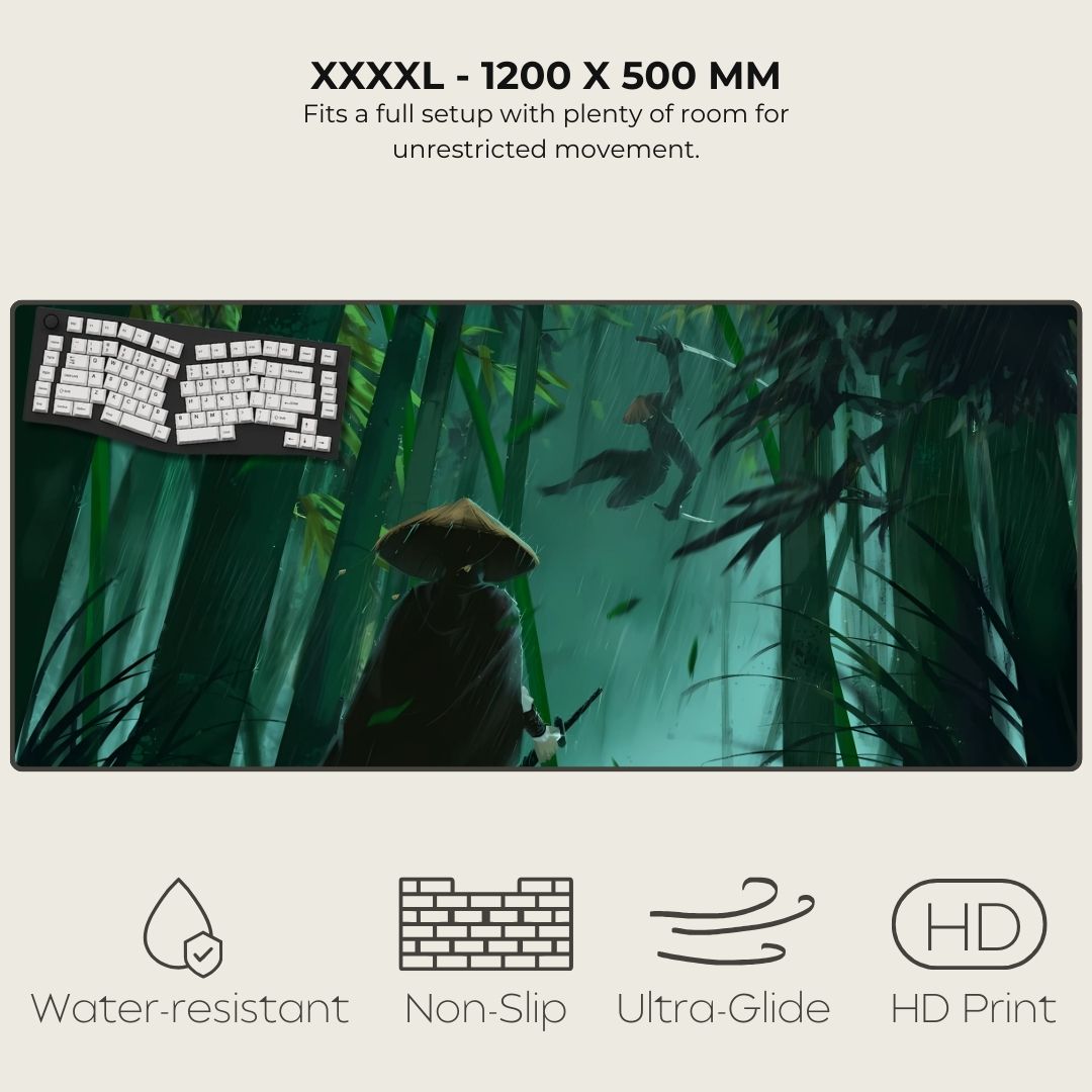 4XL mouse pad with digital art of a samurai duel in a green, bamboo forest.