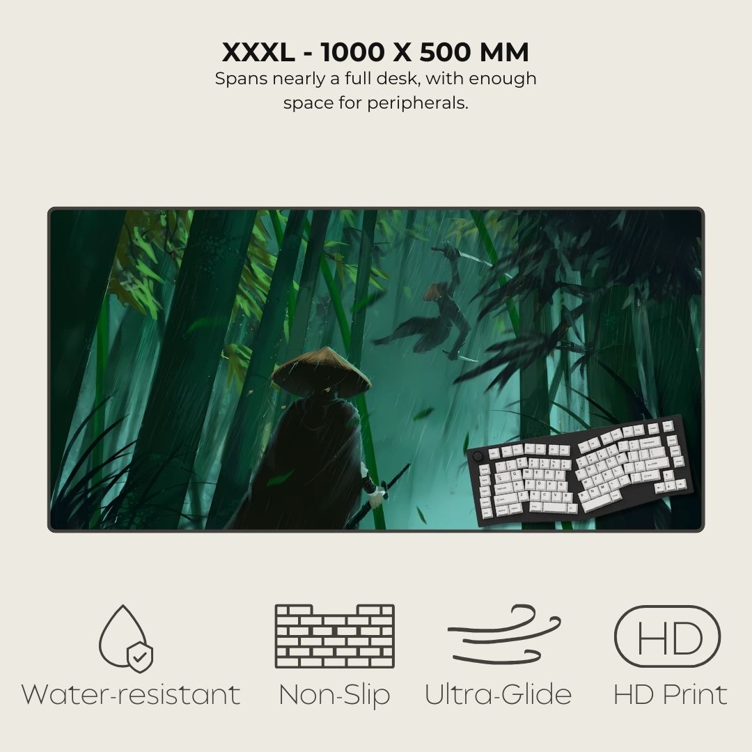 3XL mouse pad with digital art of a samurai duel in a green, bamboo forest.