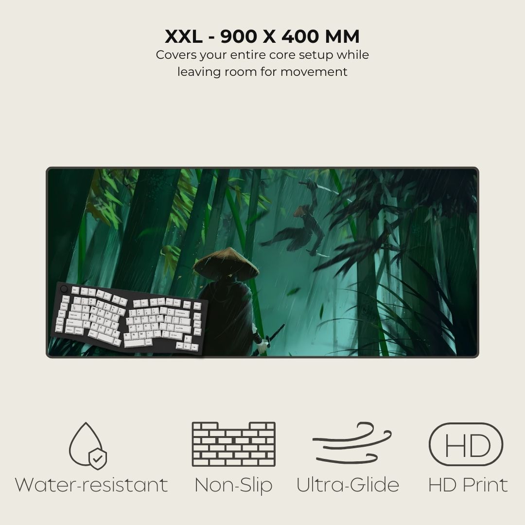2XL Asian mousepad with design of a samurai duel in a green, bamboo forest.