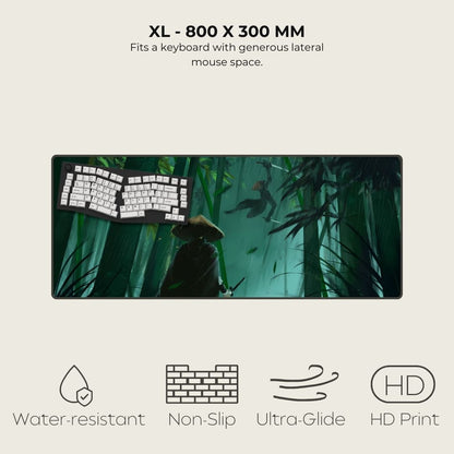 XL Asian mousepad with design of a samurai duel in a green, bamboo forest.
