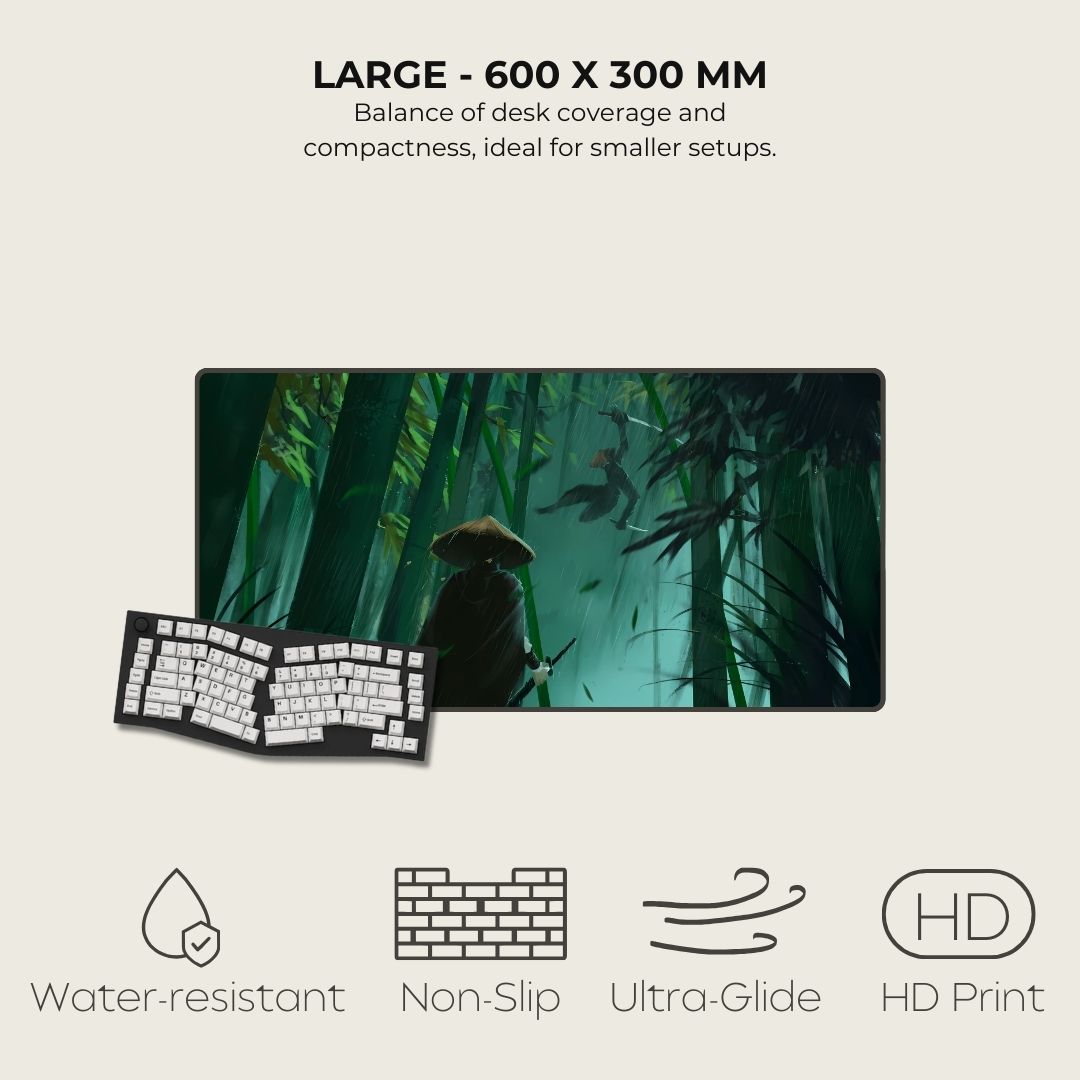 Large gaming mat with design of a samurai duel in a green, bamboo forest.