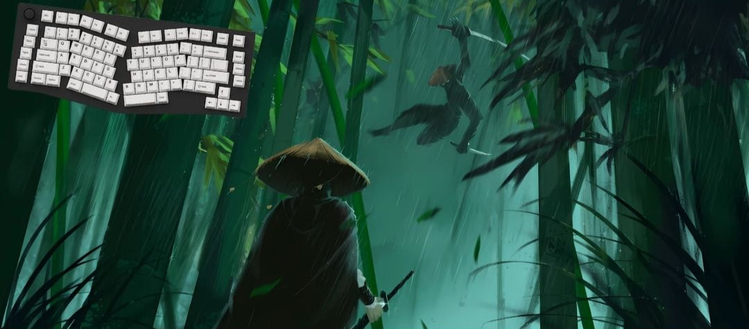 Digital art of a samurai with a hat and sword in a bamboo forest.