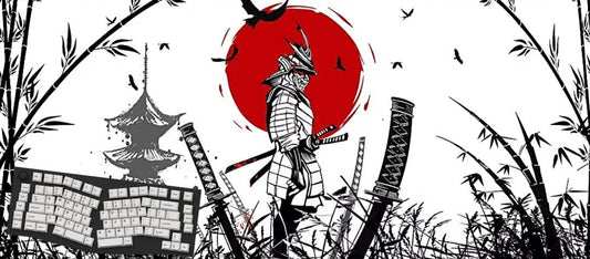 Samurai warrior with a red sun in the background, surrounded by bamboo and a pagoda.