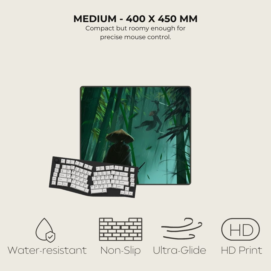 Small gaming mat with design of a samurai duel in a green, bamboo forest.