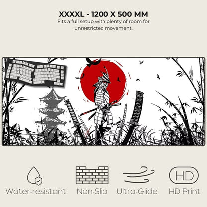 XXXXL mouse pad with a Samurai design, keyboard, and nature elements on a white background.