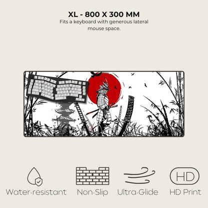 XL mousepad with Japanese-themed design featuring a samurai, trees, and a red moon.