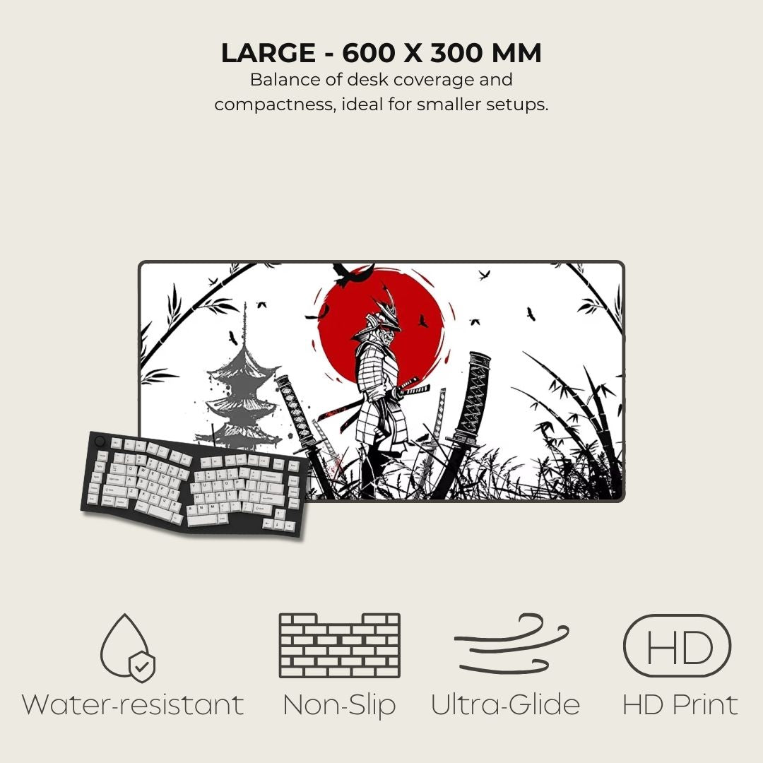 Large mouse pad with Japanese-themed design featuring a samurai, trees, and a red moon.