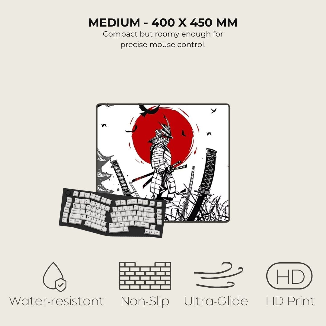 Mouse pad with artistic design of a samurai and red moon, featuring product specifications and features.