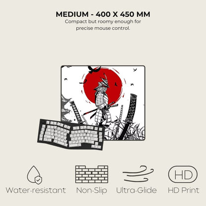 Mouse pad with artistic design of a samurai and red moon, featuring product specifications and features.