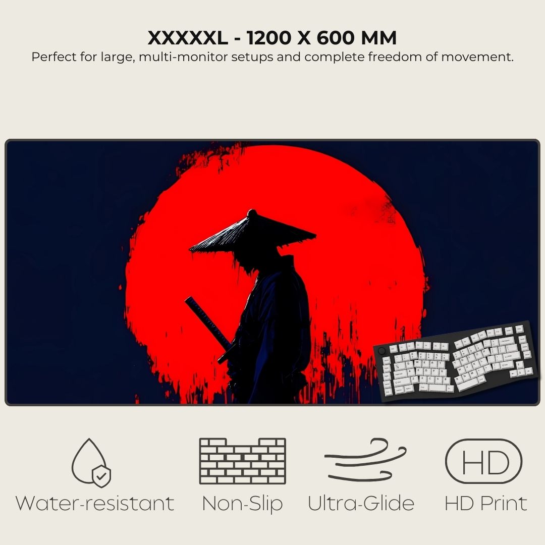 XXXXXL mouse pad with a design of a silhouette holding a sword against a red sun, suitable for large monitor setups.