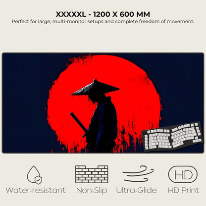 XXXXXL mouse pad with a design of a silhouette holding a sword against a red sun, suitable for large monitor setups.