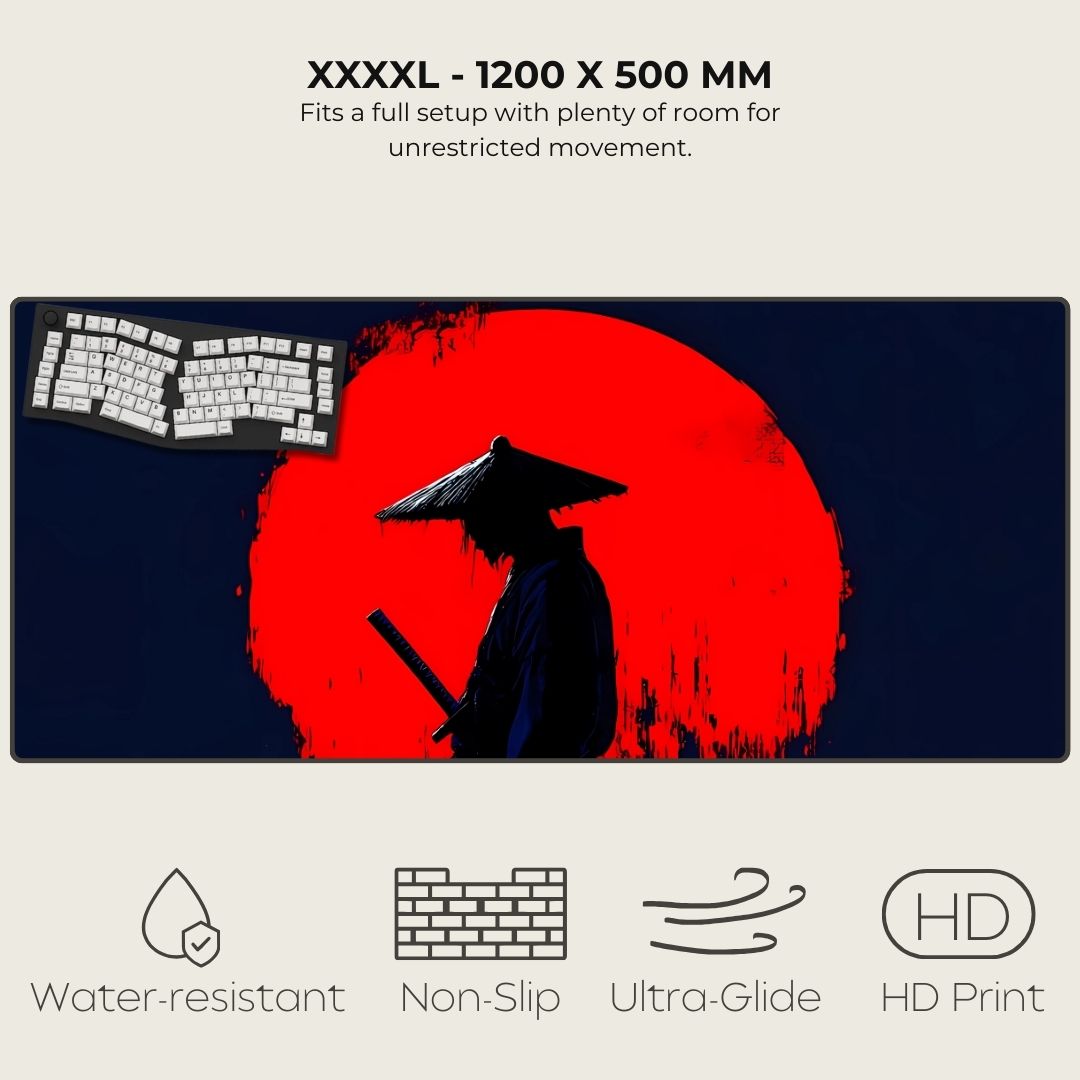 XXXXL mouse pad with Japanese-themed design featuring a silhouette and red sun, with text and icons indicating features.