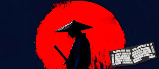Silhouette of a person with a hat and sword against a red sun backdrop, next to a keyboard.