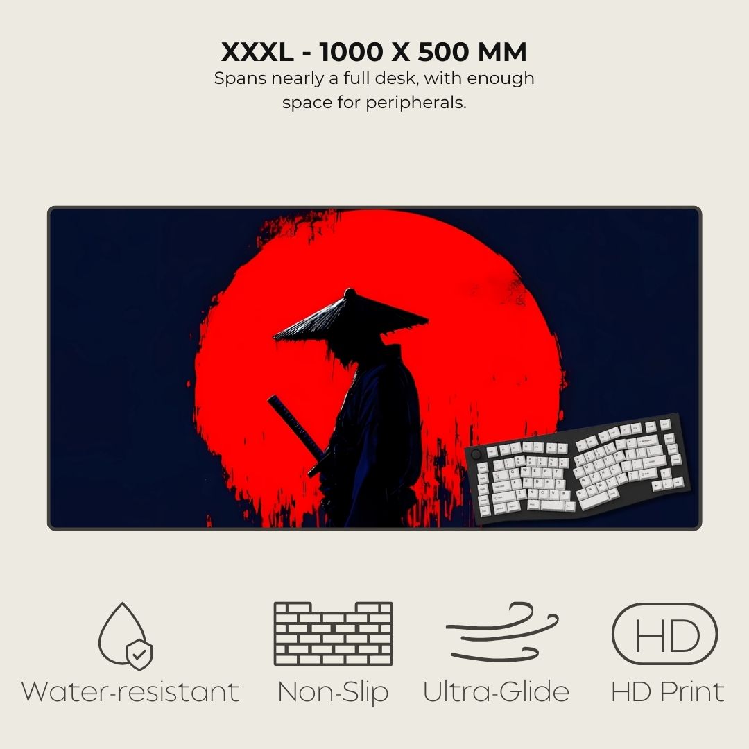 3XL desk mat with warrior design and product features listed.